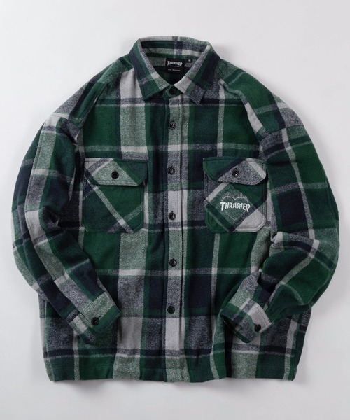 THRASHER（スラッシャー）の「【70】【THRASHER/スラッシャー】ビッグシルエット ヘビーネル チェックシャツ/オーバーサイズ/ライトアウター/ユニセックス/レディース/メンズ（シャツ/ブラウス・メンズ・ブラック/グリーン/ホワイト・M/L/XL）」の3枚目の写真