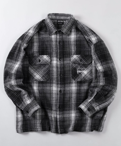 THRASHER（スラッシャー）の「【70】【THRASHER/スラッシャー】ビッグシルエット ヘビーネル チェックシャツ/オーバーサイズ/ライトアウター/ユニセックス/レディース/メンズ（シャツ/ブラウス・メンズ・ブラック/グリーン/ホワイト・M/L/XL）」の2枚目の写真