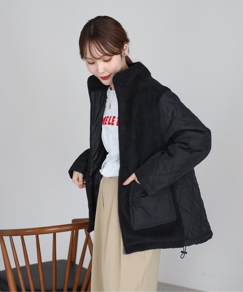 PREFERIR(プレフェリール)の「スタンドカラーボア切替キルティングブルゾンコート(ブルゾン・レディース・ブラック/ホワイト・MEDIUM)」の10枚目の写真