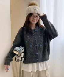 【26年秋冬新作】フラワー刺繍 ダイヤ柄 襟付き ニットカーディガン
