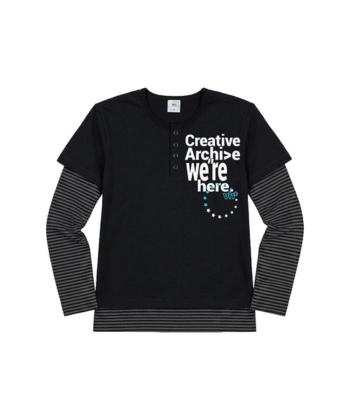 VENHIT（ベンヒット）の「WE HERE ストライプレイヤード ルーズフィットスリーブ（Tシャツ/カットソー・レディース・バーガンディー/ブラック/スカイブルー・FREE）」の2枚目の写真