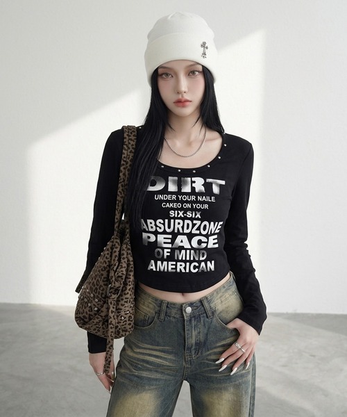 non-hedge(ノンヘッジ)の「スタッズロゴロンT(Tシャツ/カットソー・レディース・ブラウン/オフホワイト/グレー/ブラック/チャコールグレー・FREE)」の12枚目の写真