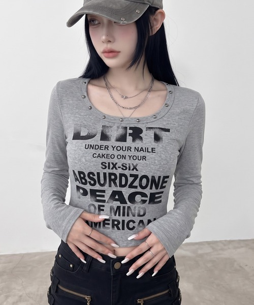 non-hedge(ノンヘッジ)の「スタッズロゴロンT(Tシャツ/カットソー・レディース・ブラウン/オフホワイト/グレー/ブラック/チャコールグレー・FREE)」の21枚目の写真