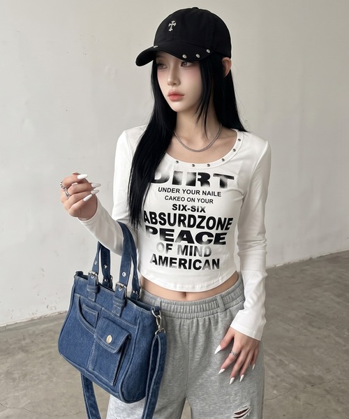 non-hedge(ノンヘッジ)の「スタッズロゴロンT(Tシャツ/カットソー・レディース・ブラウン/オフホワイト/グレー/ブラック/チャコールグレー・FREE)」の18枚目の写真