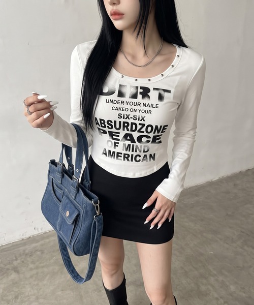 non-hedge(ノンヘッジ)の「スタッズロゴロンT(Tシャツ/カットソー・レディース・ブラウン/オフホワイト/グレー/ブラック/チャコールグレー・FREE)」の19枚目の写真