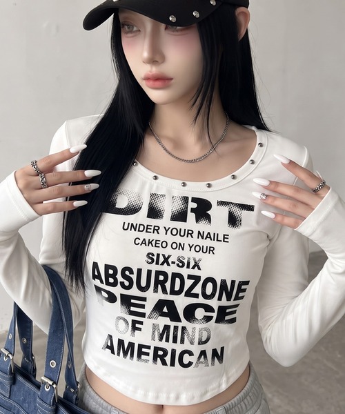 non-hedge(ノンヘッジ)の「スタッズロゴロンT(Tシャツ/カットソー・レディース・ブラウン/オフホワイト/グレー/ブラック/チャコールグレー・FREE)」の16枚目の写真