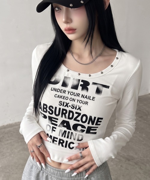 non-hedge(ノンヘッジ)の「スタッズロゴロンT(Tシャツ/カットソー・レディース・ブラウン/オフホワイト/グレー/ブラック/チャコールグレー・FREE)」の17枚目の写真