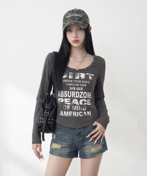 non-hedge(ノンヘッジ)の「スタッズロゴロンT(Tシャツ/カットソー・レディース・ブラウン/オフホワイト/グレー/ブラック/チャコールグレー・FREE)」の11枚目の写真