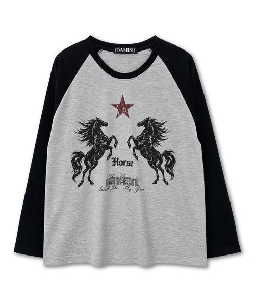 DAMISH(ダミシュ)の「ヴィンテージホースグラフィックラグランTシャツ_グレー(Tシャツ/カットソー・レディース・グレー・1/2)」の1枚目の写真