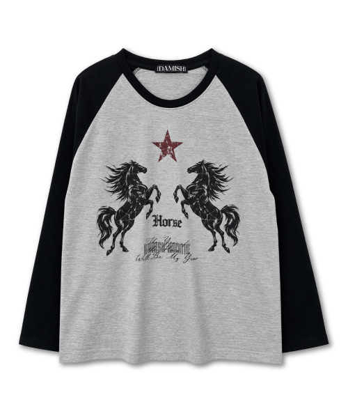 DAMISH(ダミシュ)の「ヴィンテージホースグラフィックラグランTシャツ_グレー(Tシャツ/カットソー・レディース・グレー・1/2)」の2枚目の写真