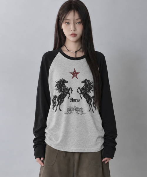 DAMISH(ダミシュ)の「ヴィンテージホースグラフィックラグランTシャツ_グレー(Tシャツ/カットソー・レディース・グレー・1/2)」の4枚目の写真