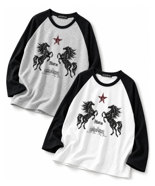 DAMISH(ダミシュ)の「ヴィンテージホースグラフィックラグランTシャツ_グレー(Tシャツ/カットソー・レディース・グレー・1/2)」の7枚目の写真