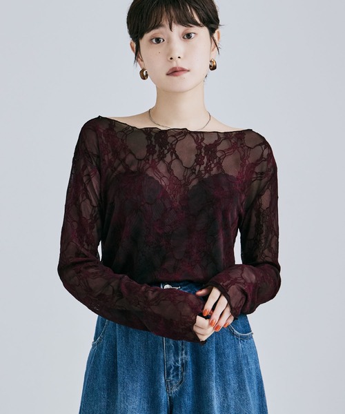 etoll.(エトル)の「花柄フロッキーデザインシアートップス(Tシャツ/カットソー・レディース・グリーン/ボルドー・M)」の1枚目の写真