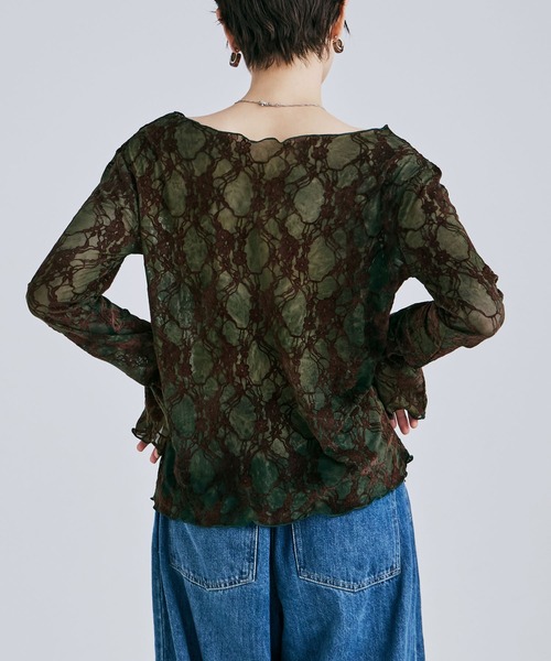 etoll.(エトル)の「花柄フロッキーデザインシアートップス(Tシャツ/カットソー・レディース・グリーン/ボルドー・M)」の8枚目の写真