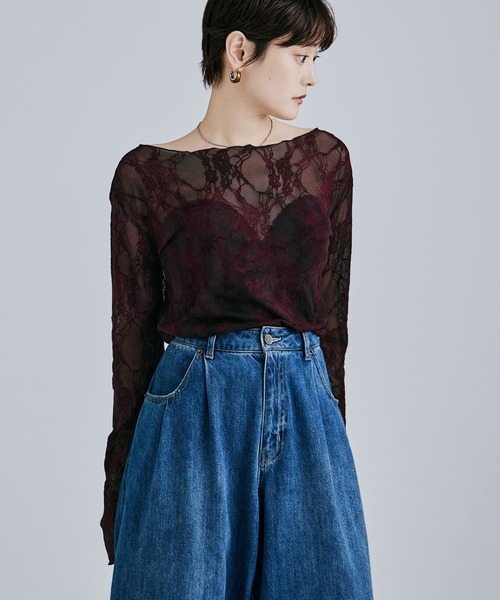 etoll.(エトル)の「花柄フロッキーデザインシアートップス(Tシャツ/カットソー・レディース・グリーン/ボルドー・M)」の10枚目の写真