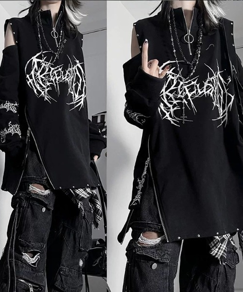 NOVESSEL(ノベセル)の「『TricuspidC/トライカスピッドシー』オープンショルダーグラフィックZIPトップス(Tシャツ/カットソー・レディース・ホワイト・FREE)」の4枚目の写真