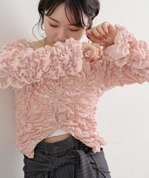 mystic(ミスティック)の「長袖ベロアシャーリングカーディガン(Tシャツ/カットソー・レディース・アイボリー/ピンク/ブラウン/ブラック・FREE)」の4枚目の写真
