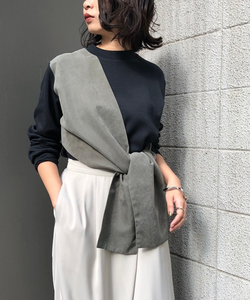 &g'aime（アンジェム）の「【&g'aime】異素材タイデザインプルオーバー（Tシャツ/カットソー・レディース・ブラウン/モカ/ブラック×カーキ・FREE）」の5枚目の写真