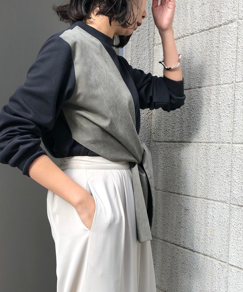 &g'aime（アンジェム）の「【&g'aime】異素材タイデザインプルオーバー（Tシャツ/カットソー・レディース・ブラウン/モカ/ブラック×カーキ・FREE）」の8枚目の写真