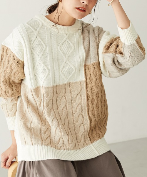 CRAFT STANDARD BOUTIQUE(クラフトスタンダードブティック)の「配色ニットプルオーバー *◆(ニット/セーター・レディース・ベージュ/アイボリー・FREE)」の1枚目の写真