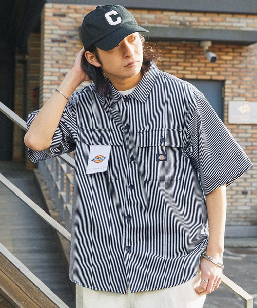 90s SOULFLY Dickies 半袖ワークシャツ XL ネイビー刺繍ロゴ Dickies