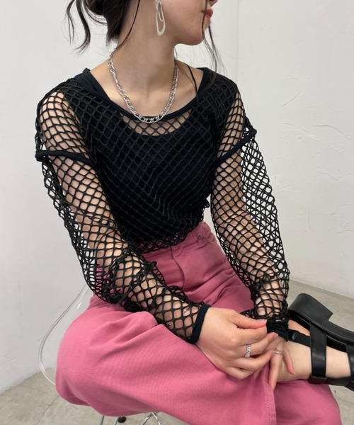 WEGO（ウィゴー）の「WEGO/メッシュBIGロンT（Tシャツ/カットソー・レディース・ブルー/オレンジ/ブラック/ホワイト・FREE）」の22枚目の写真