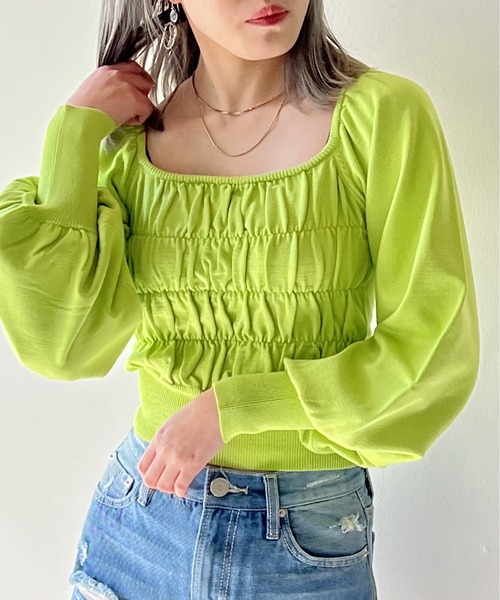 one way（ワンウェイ）の「シャーリングBIGスリーブトップス（ニット/セーター・レディース・ライトグレー/ライトブルー/ブラック/ライトブラウン/ライトグリーン・FREE）」の5枚目の写真