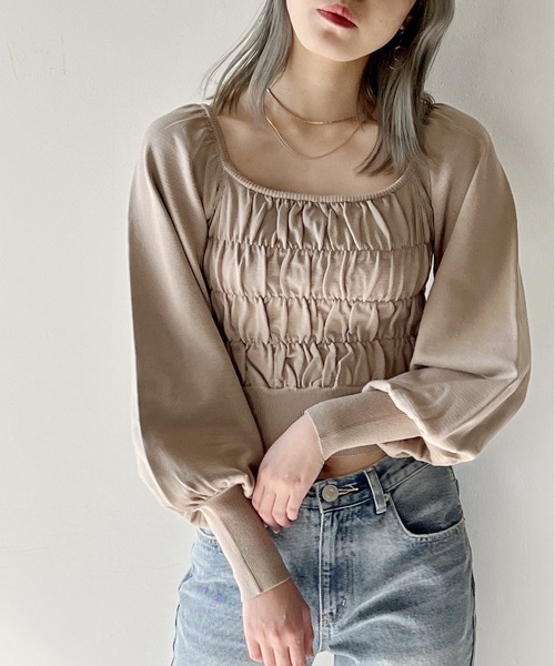 one way（ワンウェイ）の「シャーリングBIGスリーブトップス（ニット/セーター・レディース・ライトグレー/ライトブルー/ブラック/ライトブラウン/ライトグリーン・FREE）」の4枚目の写真