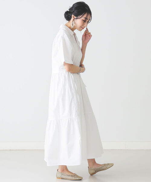 BEAMS LIGHTS（ビームスライツ）の「BEAMS LIGHTS / コットン ティアード ハーフスリーブ ワンピース（ワンピース・レディース・ホワイト/ブラック・ONE SIZE）」の4枚目の写真