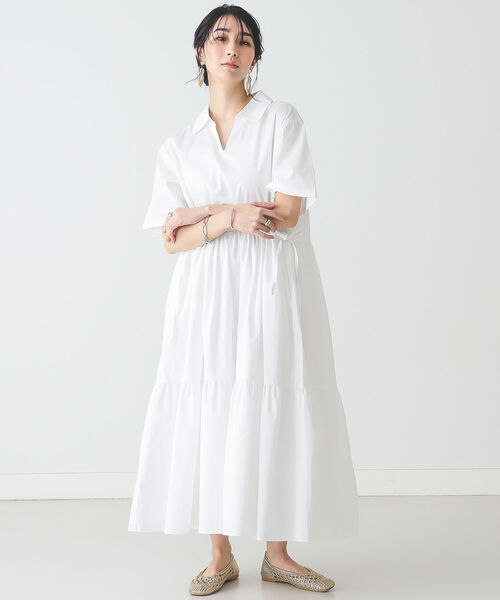 BEAMS LIGHTS（ビームスライツ）の「BEAMS LIGHTS / コットン ティアード ハーフスリーブ ワンピース（ワンピース・レディース・ホワイト/ブラック・ONE SIZE）」の5枚目の写真