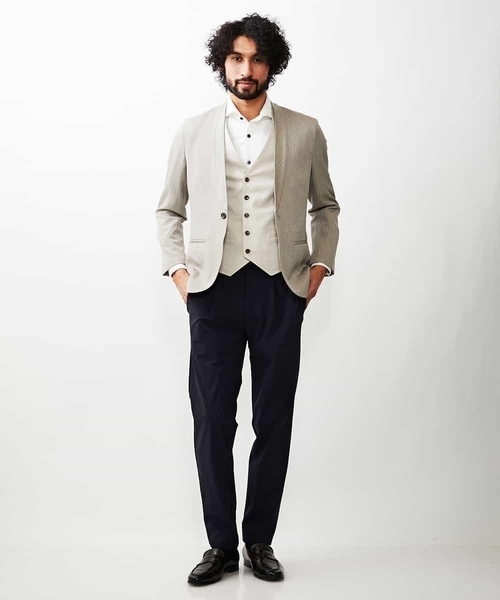 MICHEL KLEIN HOMME (ミッシェルクランオム)の「ストライプジャケット(ノーカラージャケット・メンズ・ブラック/ベージュ・MEDIUM/LARGE/X-LARGE)」の1枚目の写真
