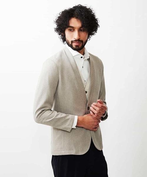 MICHEL KLEIN HOMME (ミッシェルクランオム)の「ストライプジャケット(ノーカラージャケット・メンズ・ブラック/ベージュ・MEDIUM/LARGE/X-LARGE)」の3枚目の写真