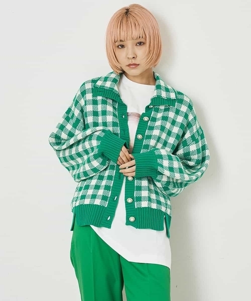 A de a.v.v（アードアー・ヴェ・ヴェ）の「ジャガードギンガムチェックカーディガン（カーディガン/ボレロ・レディース・レッド/イエロー/グリーン・39）」の2枚目の写真