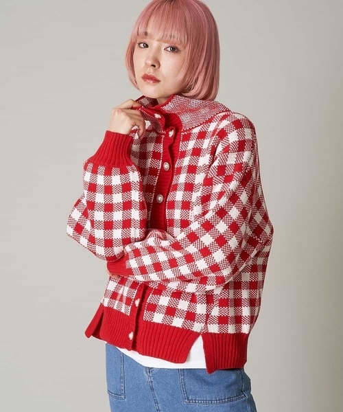 A de a.v.v（アードアー・ヴェ・ヴェ）の「ジャガードギンガムチェックカーディガン（カーディガン/ボレロ・レディース・レッド/イエロー/グリーン・39）」の13枚目の写真
