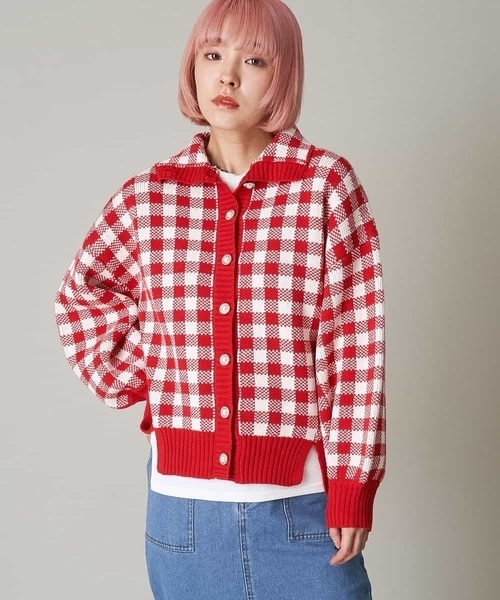 A de a.v.v（アードアー・ヴェ・ヴェ）の「ジャガードギンガムチェックカーディガン（カーディガン/ボレロ・レディース・レッド/イエロー/グリーン・39）」の22枚目の写真