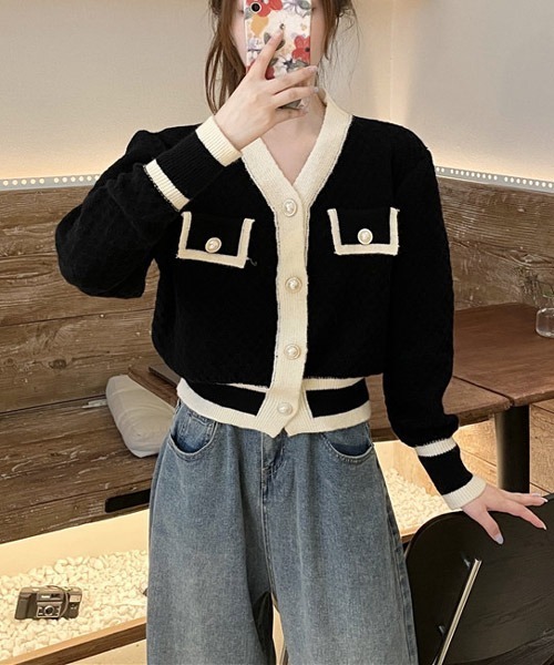 VIBGYOR Women(ヴィブジョー ウィメン)の「【KOREA SELECT】バイカラー ニット カーディガン(カーディガン/ボレロ・レディース・ホワイト/ブラック・FREE)」の3枚目の写真
