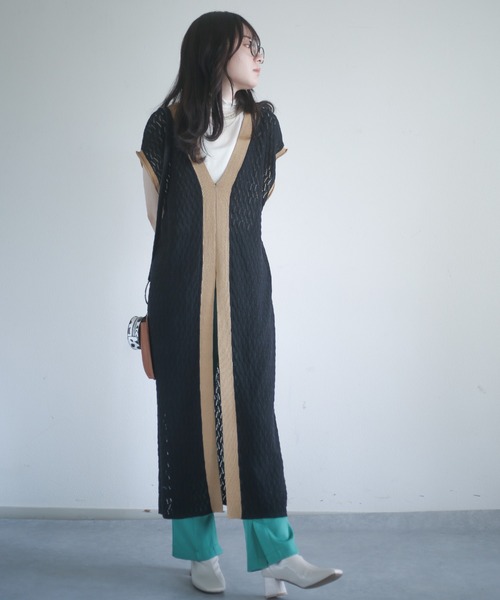 spoon store（スプーンストア）の「透かし編配色ニットワンピース（ワンピース・レディース・ブラック/ブラウン・フリー）」の5枚目の写真