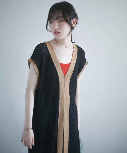 spoon store（スプーンストア）の「透かし編配色ニットワンピース（ワンピース・レディース・ブラック/ブラウン・フリー）」の3枚目の写真