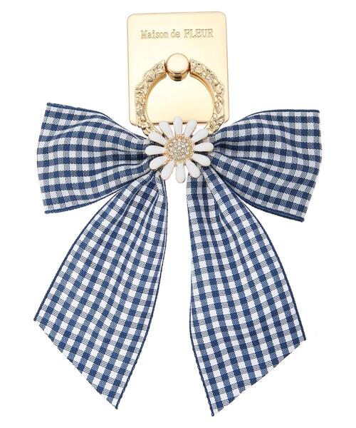 Maison de FLEUR(メゾンドフルール)の「EC限定フラワービジューギンガムスマホリング(スマホグッズ・レディース・ベージュ/ネイビー/サックスブルー・FREE)」の5枚目の写真