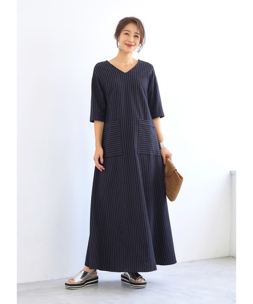 STYLE DELI(スタイルデリ)の「ピンストライプ柄ポケットワンピース(ワンピース・レディース・アイボリー/ネイビー・01/02)」の2枚目の写真