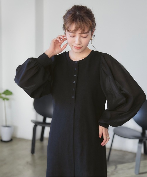 Drawer - 新品　Dolce. ボリュームスリーブライトブルゾン　ベスト　ドット　ワンピ セール】TUCK SLEEVE WORK S/OP タックスリーブ ワーク ショート
