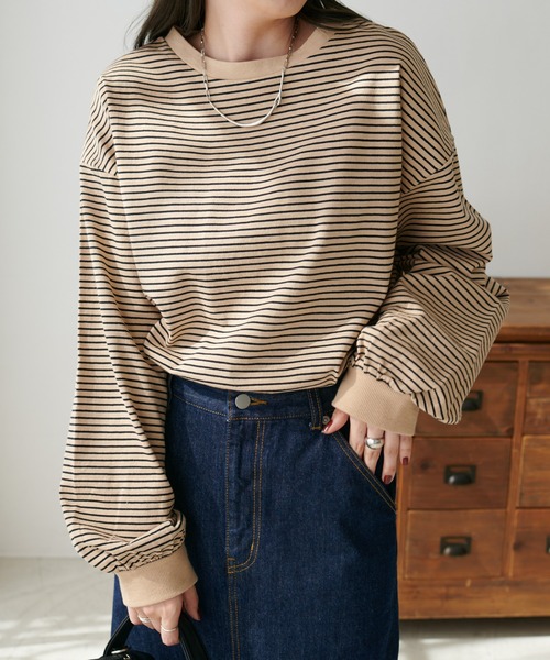 DISCOAT（ディスコート）の「【WEB限定】カラービッグボーダーTシャツ（Tシャツ/カットソー・レディース・ライトベージュ/アイボリー/ピンク/パープル・MEDIUM）」の18枚目の写真