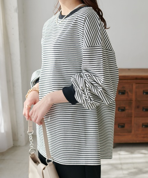 DISCOAT（ディスコート）の「【WEB限定】カラービッグボーダーTシャツ（Tシャツ/カットソー・レディース・ライトベージュ/アイボリー/ピンク/パープル・MEDIUM）」の10枚目の写真