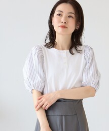 Ray BEAMS | Ray BEAMS / ストライプ パフスリーブ キリカエ Tシャツ(Tシャツ/カットソー)