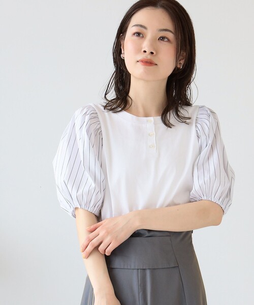 Ray BEAMS（レイビームス）の「Ray BEAMS / ストライプ パフスリーブ キリカエ Tシャツ（Tシャツ/カットソー・レディース・ブルー/ホワイト・ONE SIZE）」の2枚目の写真