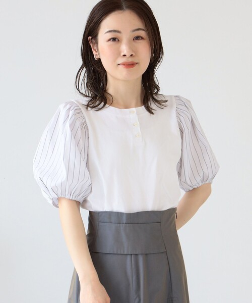 Ray BEAMS（レイビームス）の「Ray BEAMS / ストライプ パフスリーブ キリカエ Tシャツ（Tシャツ/カットソー・レディース・ブルー/ホワイト・ONE SIZE）」の6枚目の写真