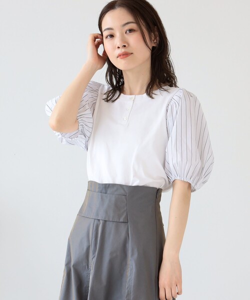 Ray BEAMS（レイビームス）の「Ray BEAMS / ストライプ パフスリーブ キリカエ Tシャツ（Tシャツ/カットソー・レディース・ブルー/ホワイト・ONE SIZE）」の7枚目の写真