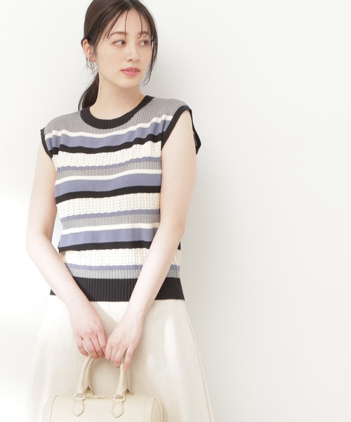 N.(N. Natural Beauty Basic)(エヌエヌナチュラルビューティーベーシック)の「◆MIX編みボーダーニット(ニット/セーター・レディース・パープル系その他/イエロー系その他/グレー系その他・MEDIUM)」の2枚目の写真