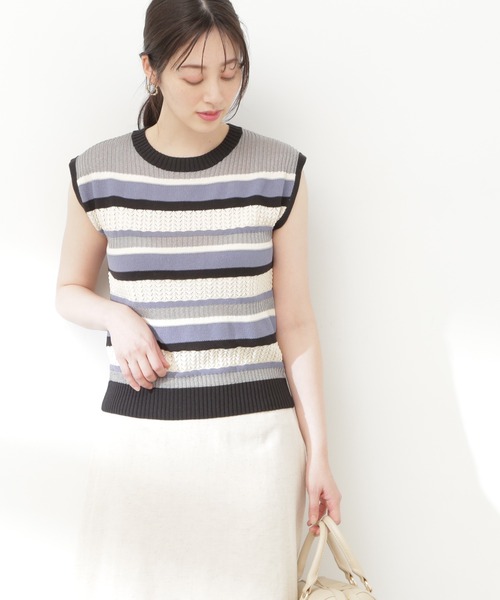 N.(N. Natural Beauty Basic)(エヌエヌナチュラルビューティーベーシック)の「◆MIX編みボーダーニット(ニット/セーター・レディース・パープル系その他/イエロー系その他/グレー系その他・MEDIUM)」の4枚目の写真
