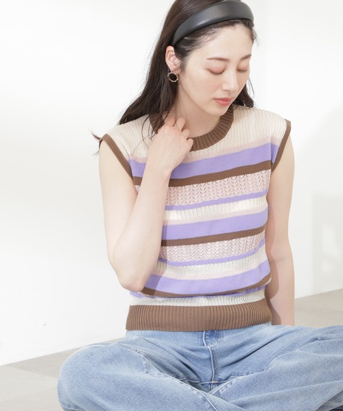 N.(N. Natural Beauty Basic)(エヌエヌナチュラルビューティーベーシック)の「◆MIX編みボーダーニット(ニット/セーター・レディース・パープル系その他/イエロー系その他/グレー系その他・MEDIUM)」の13枚目の写真